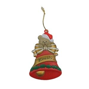 Vintage 1998 EMILY Stravina Personalized Bell Teddy Bear Christmas Tree Ornament